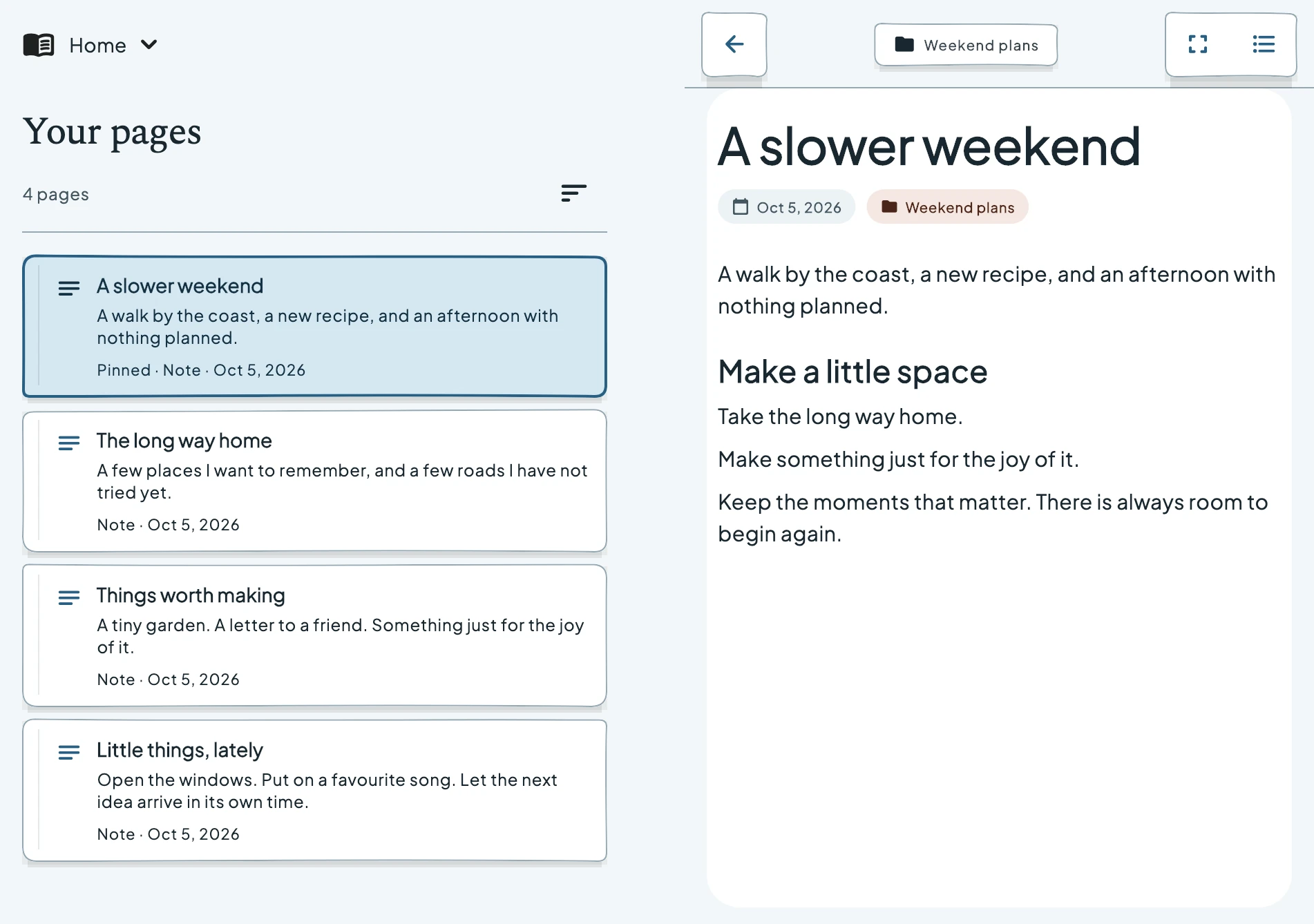 Current Nostella book layout with your pages beside a selected note